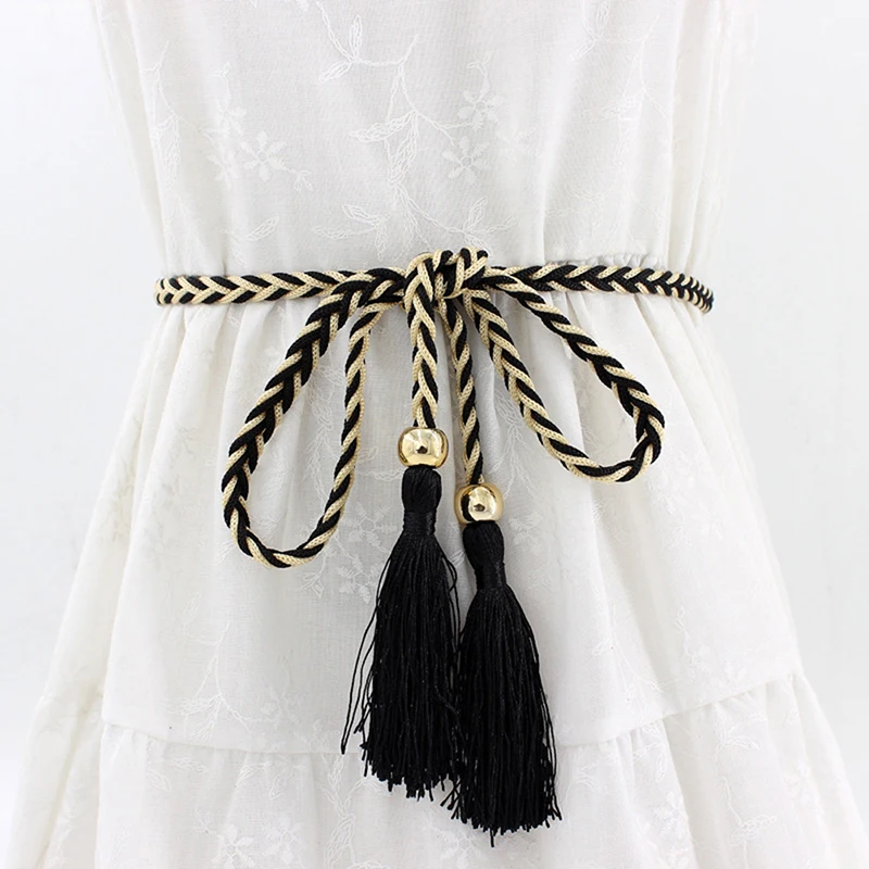 Ladies Fringed Thin Waist Chain Skirt Decor Waist Strap Rope Knotted Mixed Color Braided Female Waist Belt