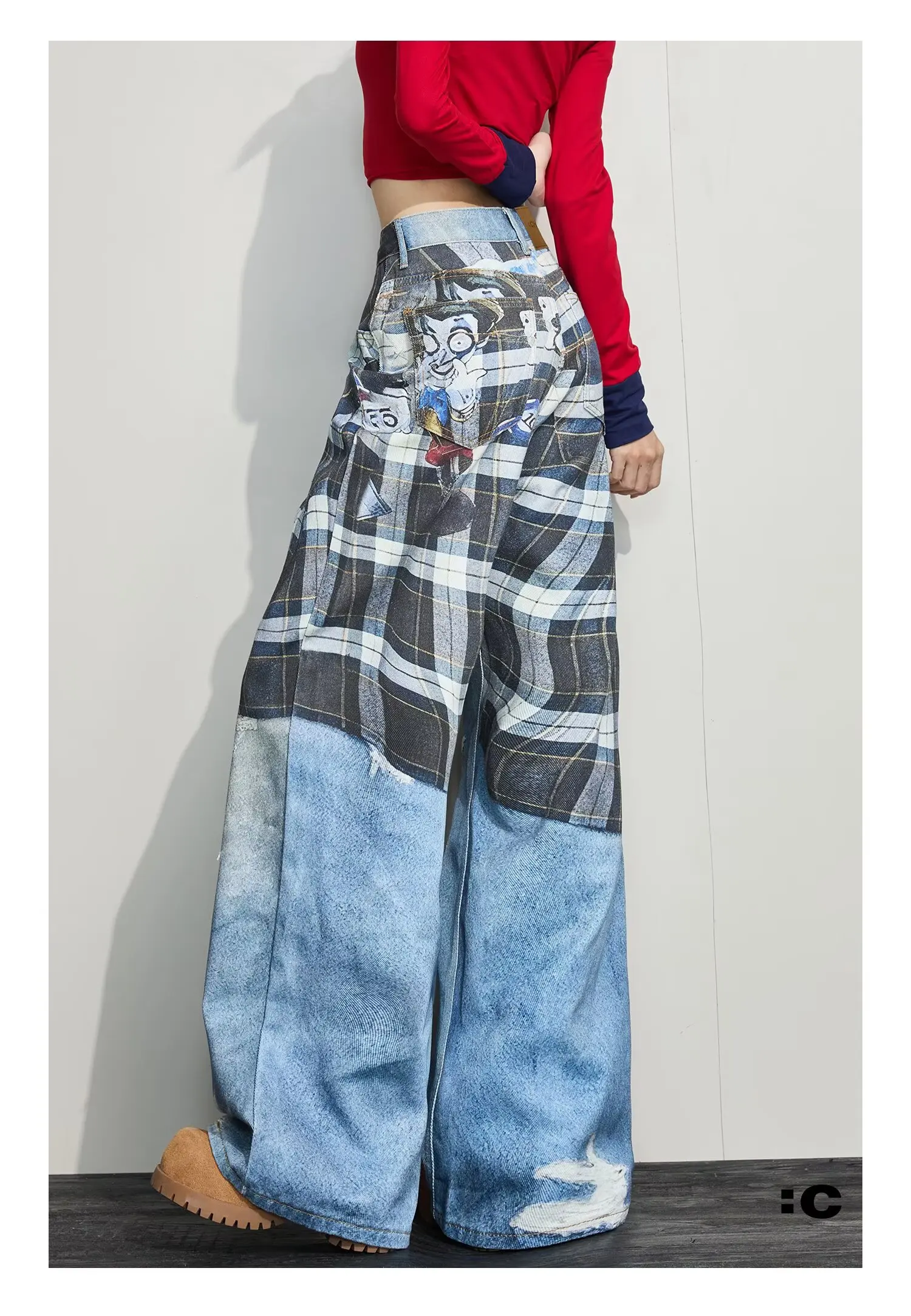 جينز على الطراز الأمريكي مطبوع ثلاثي الأبعاد مع شبكات مثقوبة سروال نسائي كلاسيكي مغسول بأرجل واسعة كاجوال وعصري