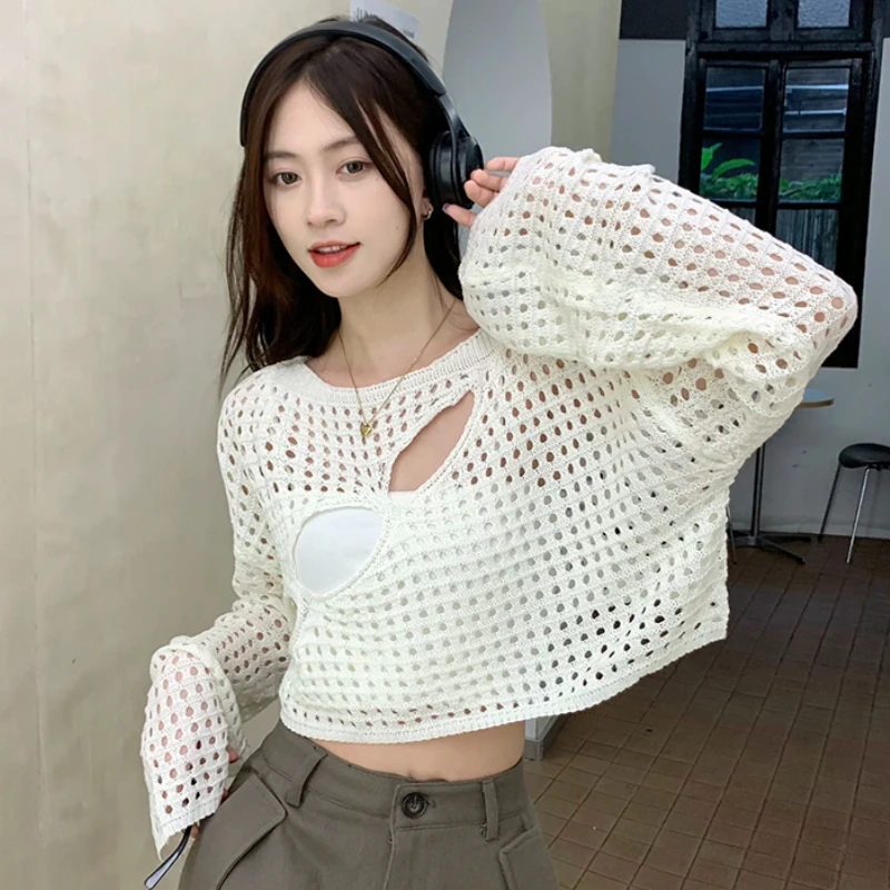 Aesthetics Cropped Pullovers Women Summer Thin Hollow Out Design Fashion All-match Sheer Elegant Casual Korean Style Soft Simple