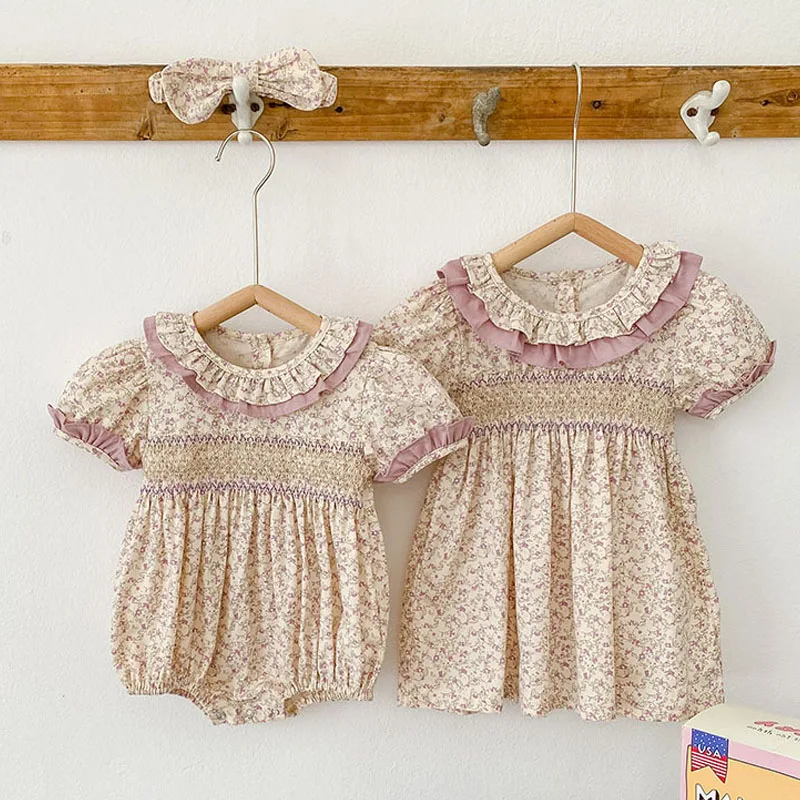 

Baby Girls Spring Pink Floral Printing Princess Dress Infant Rompers Autumn Sweet Girls Korean Style Children Outfit Wearing