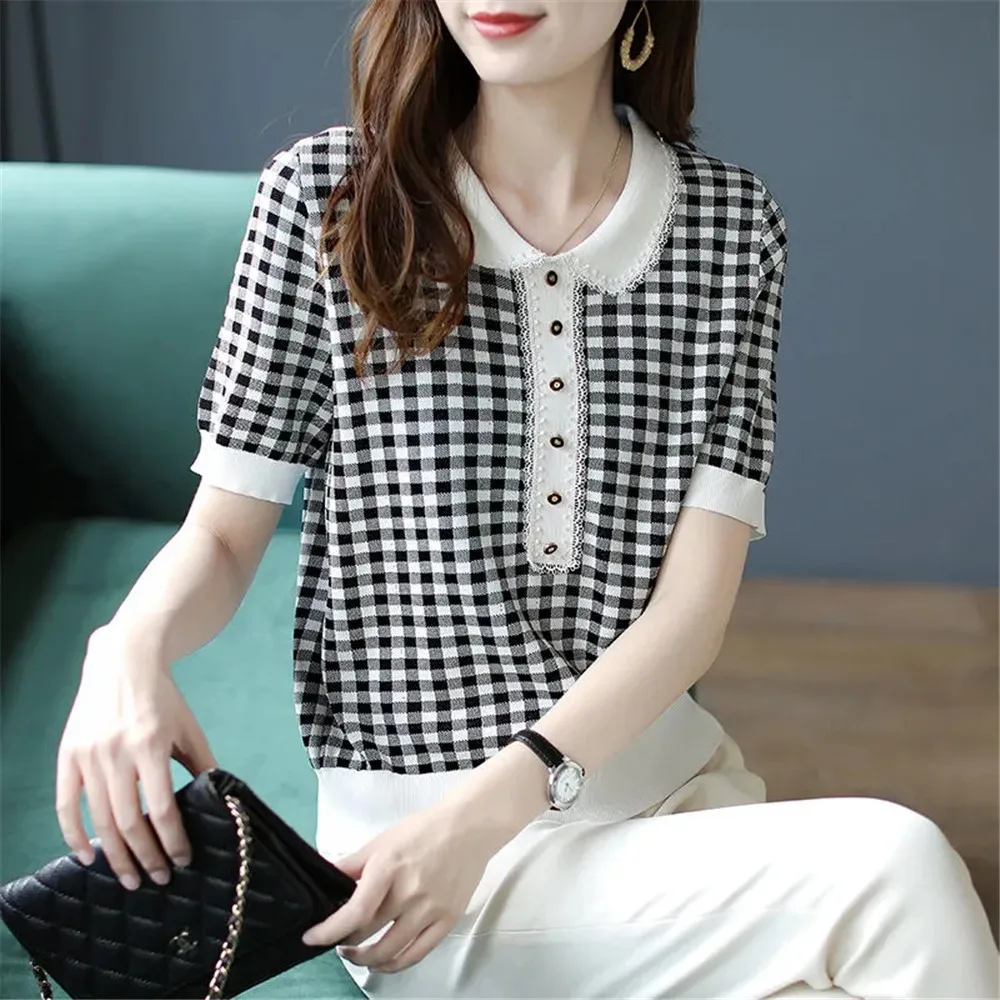 

Solid Plaid Polo Collar Knitted Short Sleeve Pullover Women 2021 Summer Loose Causal Crop Top Office Ladies Lace Stitching Shirt