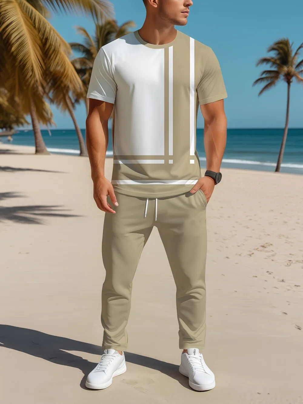 Hot selling fashionable men's striped printed breathable comfortable round neck T-shirt pants set summer outdoor urban clothing