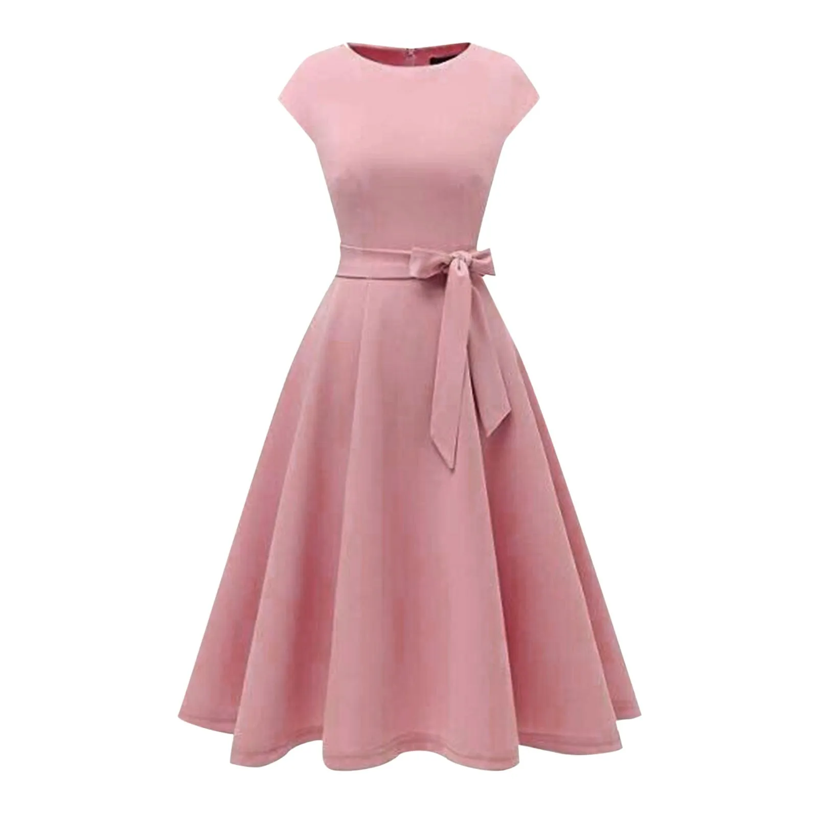 Cocktail Dresses For Women 2024 Elegant Classy Pure Sleeveless Crew Neck Tie Waist A-Line Midi Dress Elegant 50s 60s Party Dress