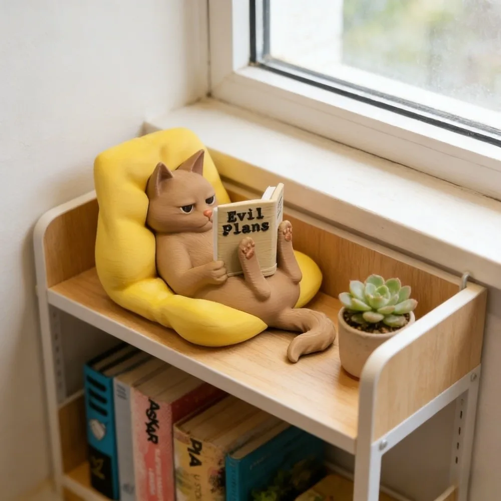 Gifts 3D Printed Reading Cat Figurine Lazy Cat Pose Funny Cat Ornaments Bookend Home Decoration Cat Statue Bookshelf Decoration