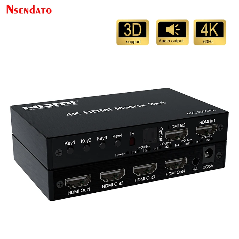 2x4 HDMI Matrix Switch 4K 60Hz HDMI Matrix 2 in 4 out Matrix HDMI Switch Splitter Audio Extractor For Dolby PC to TV Monitor