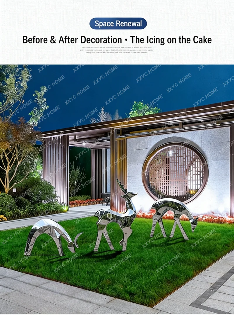 

Stainless steel geometric mirror deer sculpture Sales office garden lawn decoration villa courtyard large floor ornaments