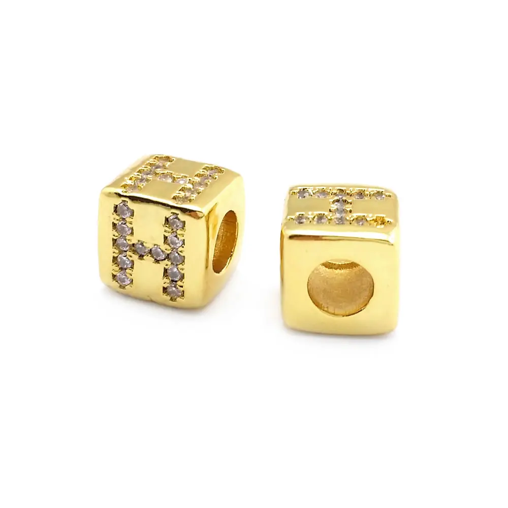 6PCS 8x8MM Hole 4MM 24K Gold Color Brass and Zircon Cube English Letter Large Hole Beads Bracelets Spacer Beads Jewelry Making