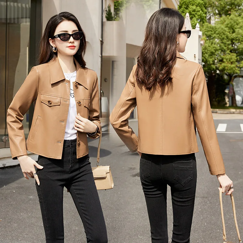 Short leather jacket, women's genuine leather, spring, autumn, and winter, new Korean version single breasted loose sheep