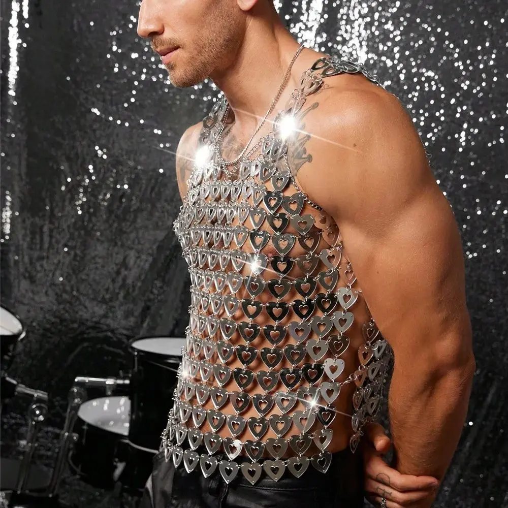 European And American Nightclub Sexy Mirrored Heart-Shaped Acrylic Vest Stage Performance Cutout Patchwork Men's Wear