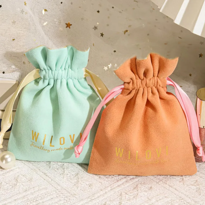 Factory Direct Sale Suede Gift Bags Custom Logo Sack Ribbon Drawstring Pouch Jewelry Flannel Sachets