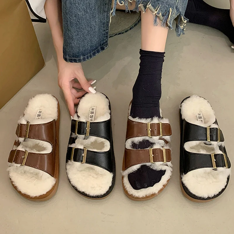 Pantofole da taglio calde con fibbia grande donna Classic Brand Design Dual Strap Furry Slide Shoes sandali da donna in peluche autunnali