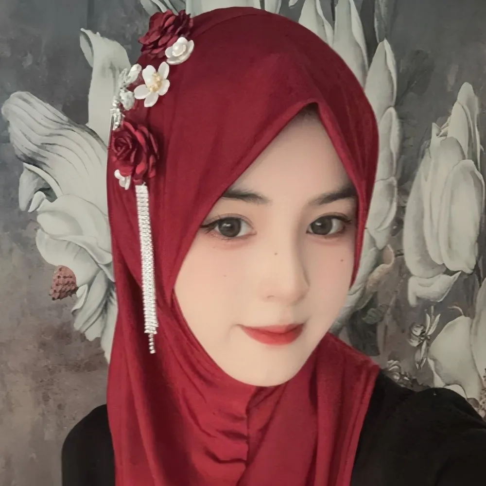Round Neck Elastic Flower Tassel Hijab Cap Breathable Soft Fabric Pre-Tied Headscarf Solid Color Polyester Head Wrap Home