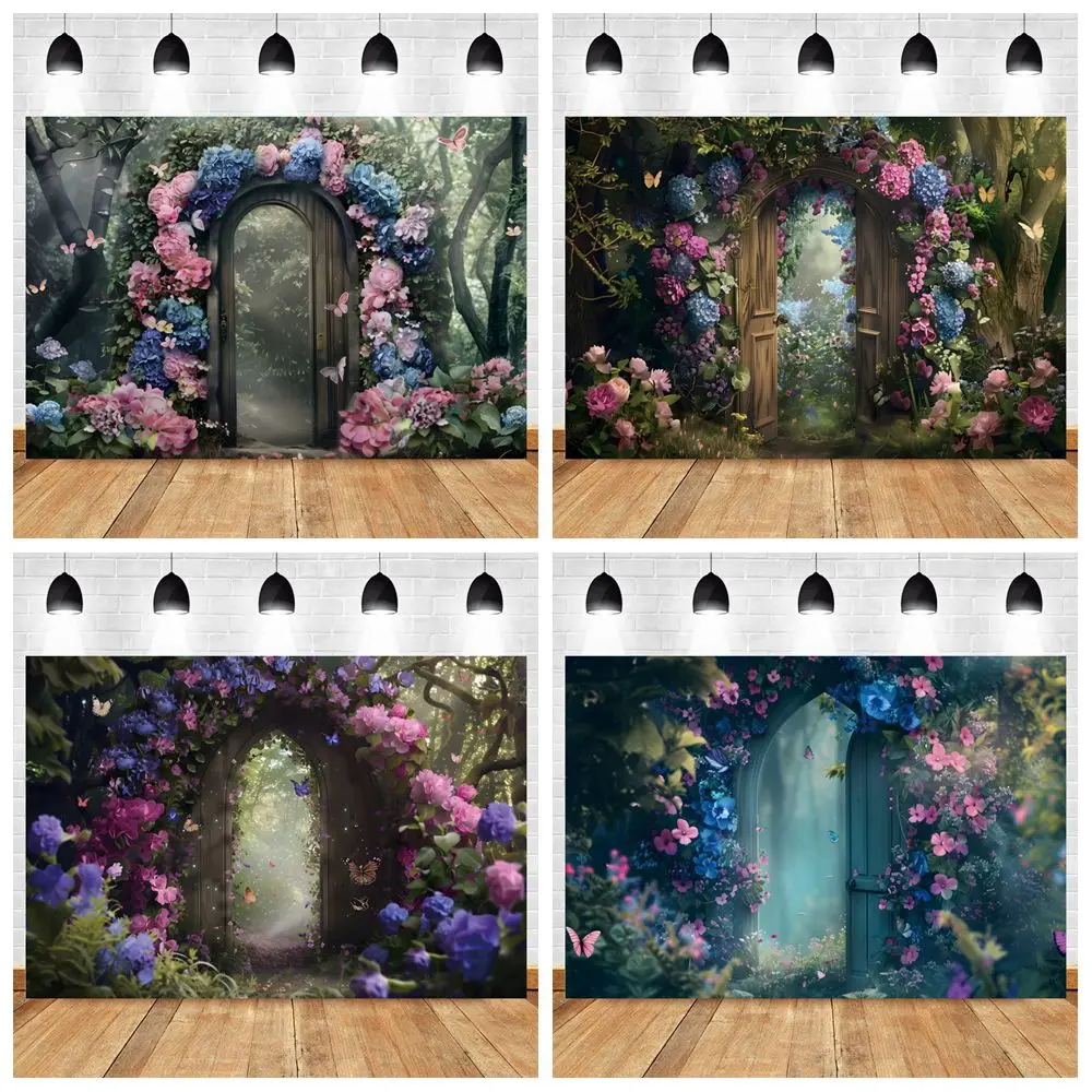 

Enchanted Forest Butterfly Flower Arch Door Backdrop Baby Kids Birthday Party Wedding Photography Background Decor Photostudio