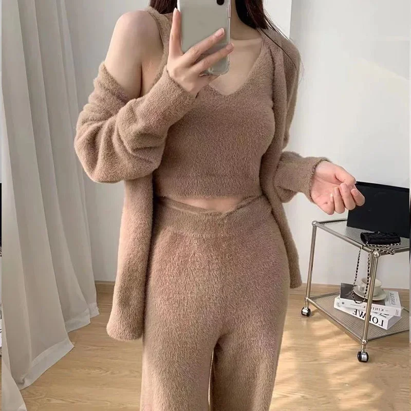 Advanced Imitation Mink Fur Cardigan, Camisole Casual Pants, Knitted Three Piece Set, Women's Autumn and Winter New Sweater