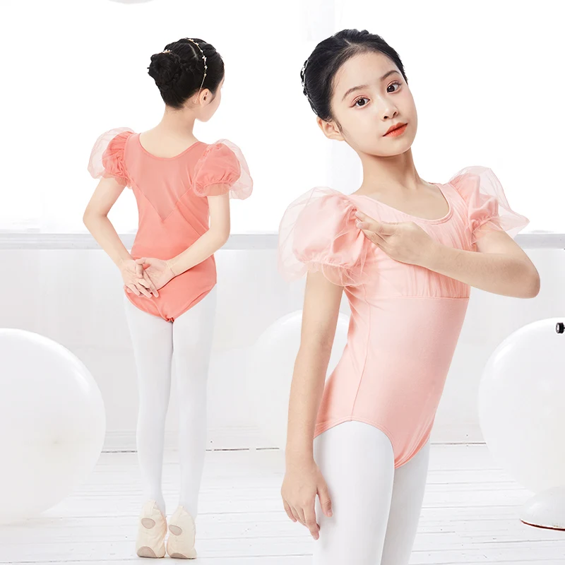 Girls Kids Ballet Leotards Bubble Sleeves Ballet Dance Bodysuits Gymnastic Leotards Child Cotton Ballet Dancing Bodysuits