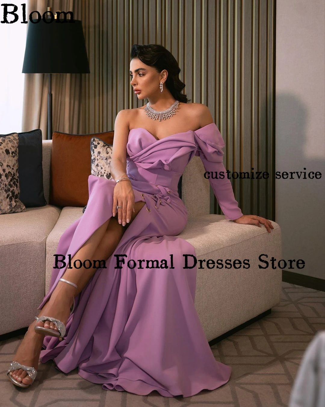 Bloom Lavender One-shoulder Evening Dresses Cross Straps Mermaid Long Sleeve New Design Arabia Prom Dresses Wedding Party Dress