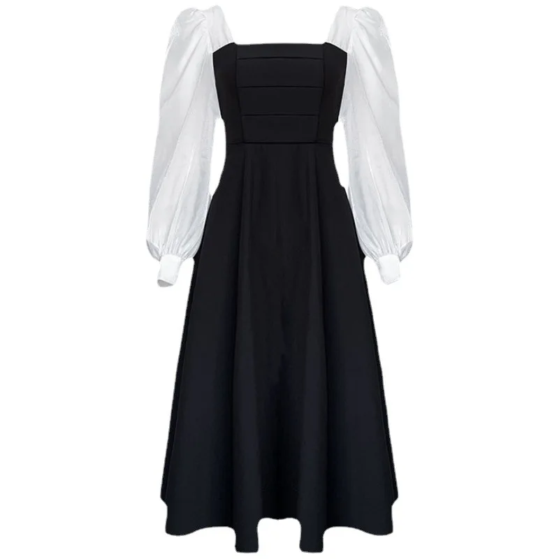 Casual Long-Sleeved Black Chiffon Skirt Temperament Dress Spring Autumn Patchwork Square Collar French Skirt Vintage Gauze Skirt