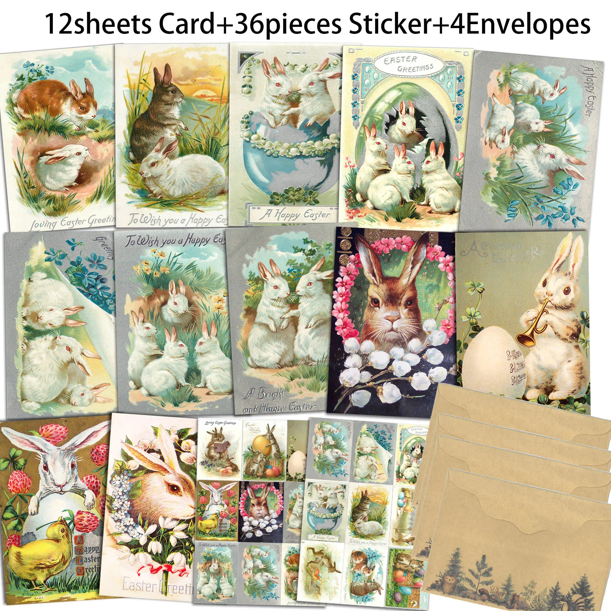 JAIIMAN52pieces Vintage GardenRabbit Thick Writable Postcard Set With Envelopes and Stickers,for Easter Decoration,Scrapbooking