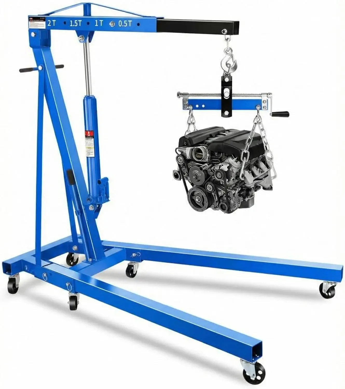 2 Ton Hydraulic Engine Hoist Crane with Lever, Folding Heavy-Duty Cherry Picker with 6 Locking Wheels & 4 Boom Positions
