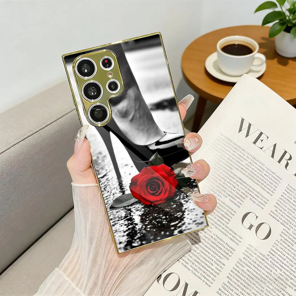 Sexy Fashion Red Black Girl Phone Case Electroplated Metal Frame Case For Samsung Galaxy S25 S24 S23 Ultra Funda