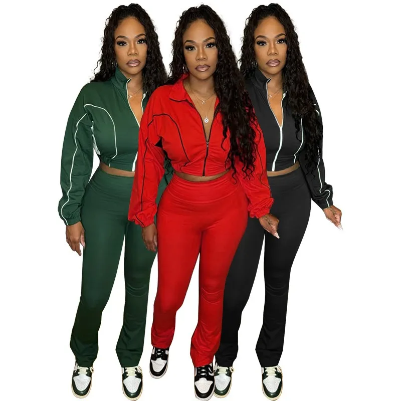 

Fitness Women 2 Piece Set Color Patchwork Zipper Fly Crop Coat High Waist Flare Pants Matching Set 2025 Summer Sporty Tracksuits