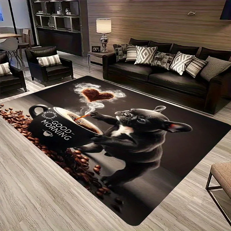 1pc Cute French Bulldog Puppy Coffee Design Mat - Non-Slip Machine Washable Polyester Mat for Indoor/Outdoor Use in Living Room