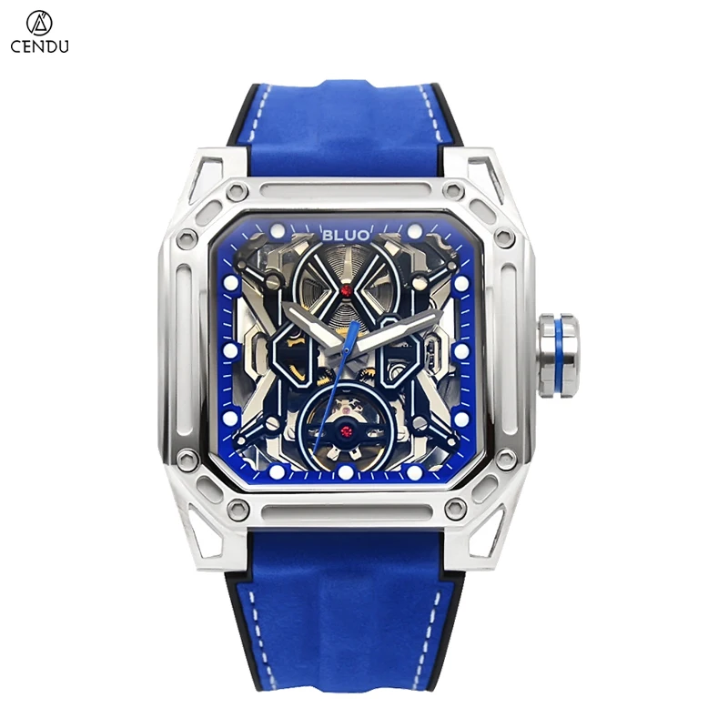 Luxury Square Automatic Mechanical Men Watch Stainless Steel Case Hollow Out Luminous Dial Silicone Band 50M Water Resistant