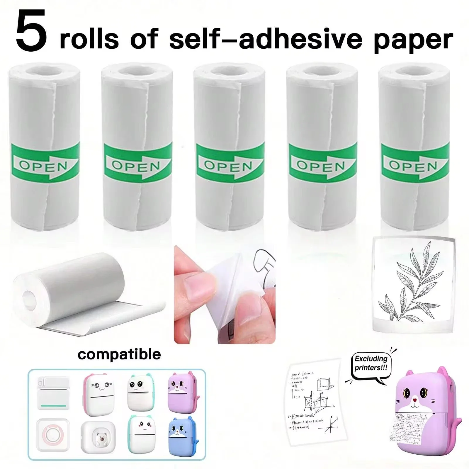 Mini Pocket Printer 5 Rolls Of Self-Adhesive Paper Portable Thermal Printer For Printer Suitable For Home Office Study And Work