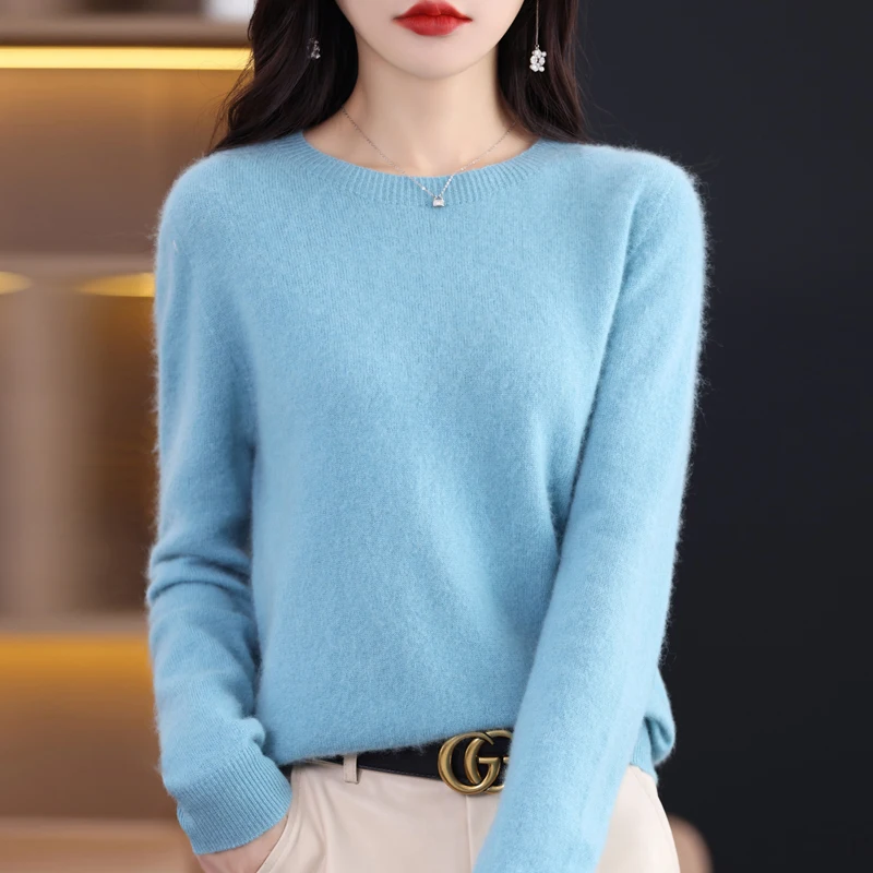 100%Pure Wool Sweater Women\'s Casual Knitted Pullover Autumn and Winter Soft and Warm Hot Wool Long-Sleeved Basic Round Neck Top