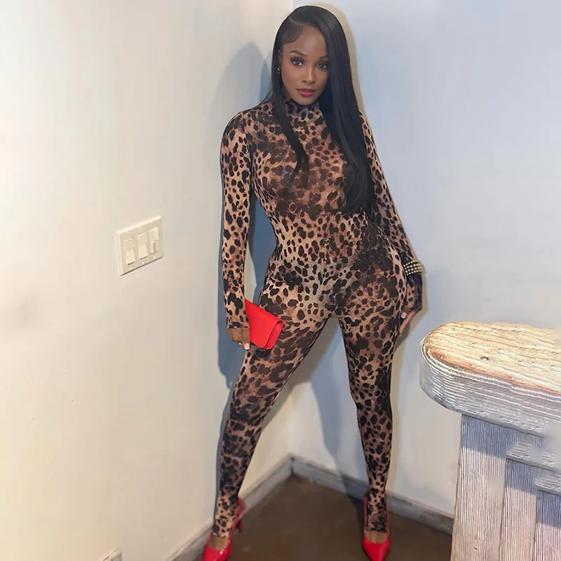 Gtpdpllt Animal Leopard Print Long Sleeve Bodycon Jumpsuit Sexy Clubwear Outfits One Piece Rompers Cheetah Jumpsuits Women