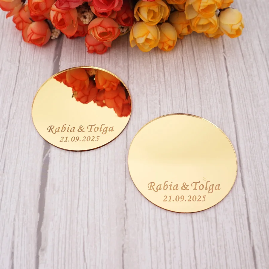 30pcs 7cm Personalize Name Acrylic Mirror Wedding Favors Custom Candle Holder Birthday Party Babyshower Guest Gifts