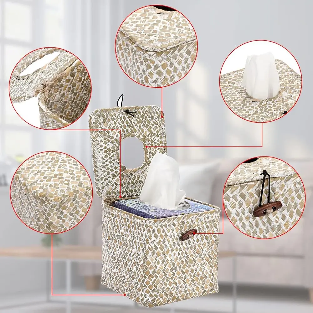 Square Seagrass Tissue Box with Lid, Woven Tissue Box Holder Rustic Cube Cover for Bathroom Toilet Bedroom Living Room Kitchen T view 5
