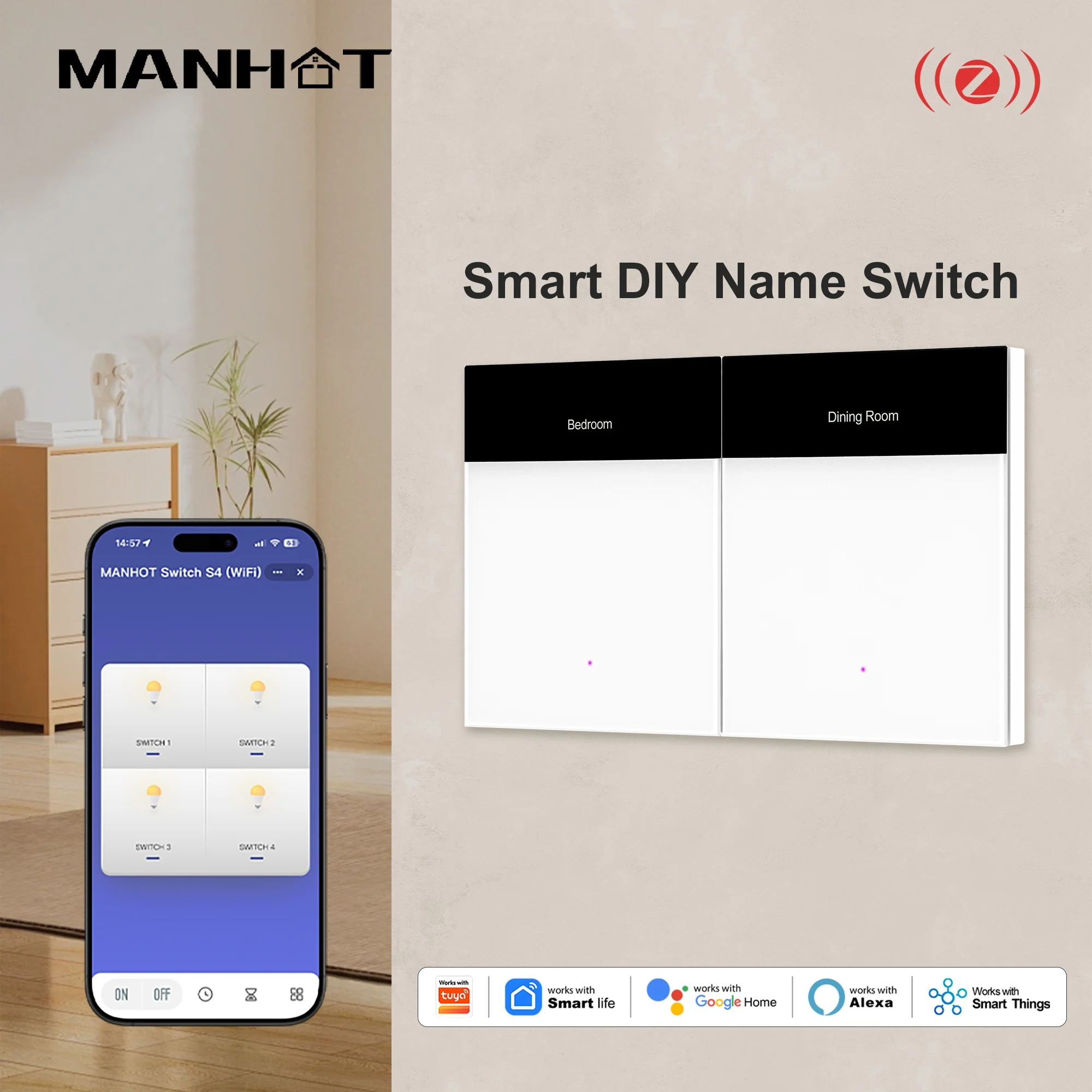 Manhot Zigbee DIY Name Smart Switch Horizontal Display Screen Works with Tuya 1 2 3 4 Gang Wall Light Switch Alexa Google Home