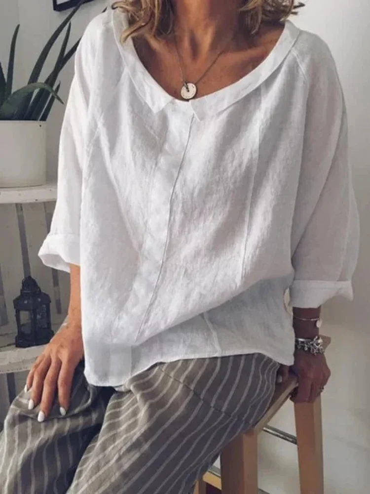 Leisure Womens Tops Solid Small Lapel Collar Cotton Blouses Casual Long Sleeve Loose Blouse Tunicas Vintage Summer Outfits Chic