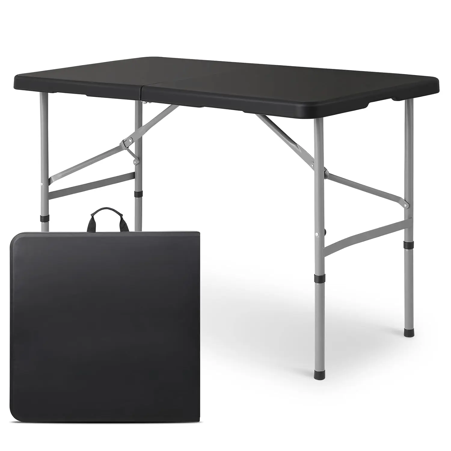 4ft Plastic Folding Table with Built in Carry Handle, Black | Fold-in-Half Design, Steel Legs, Portable, Perfect, Customized