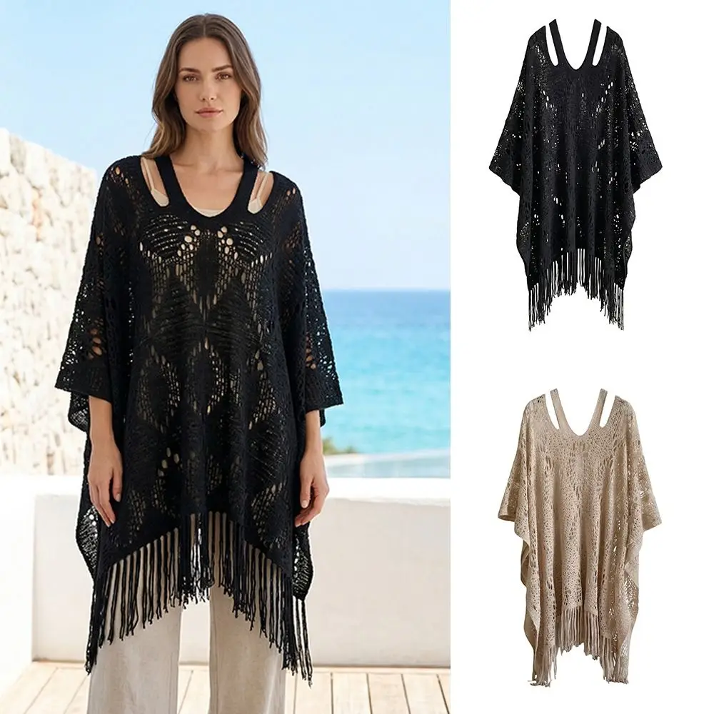 

Удобный пляжный топ с защитой от солнца в богемном стиле, с кисточками, вязаный крючком, свободного кроя, больших размеров, ажурный, для женщин