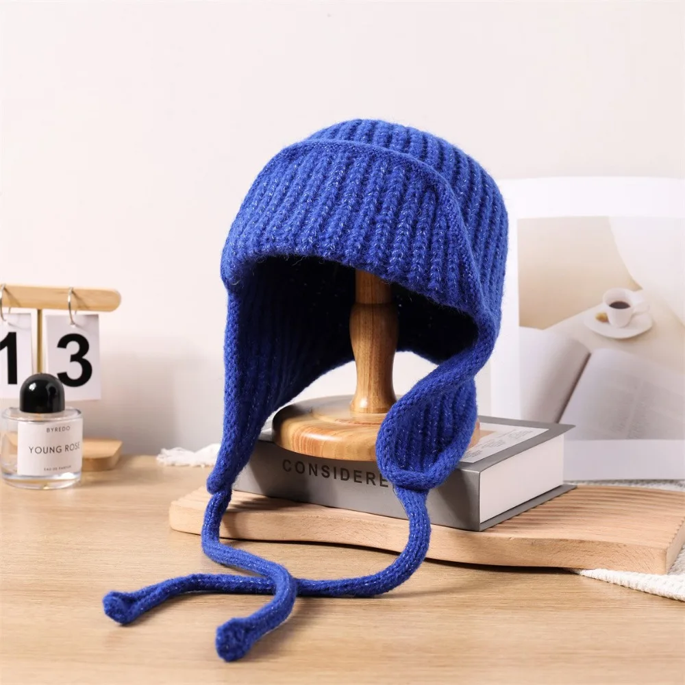 Solid Color Winter Warmer Hats New Ear Protection Knitting Knitted Hooded Caps Elastic Knitted Wool Flying Hat