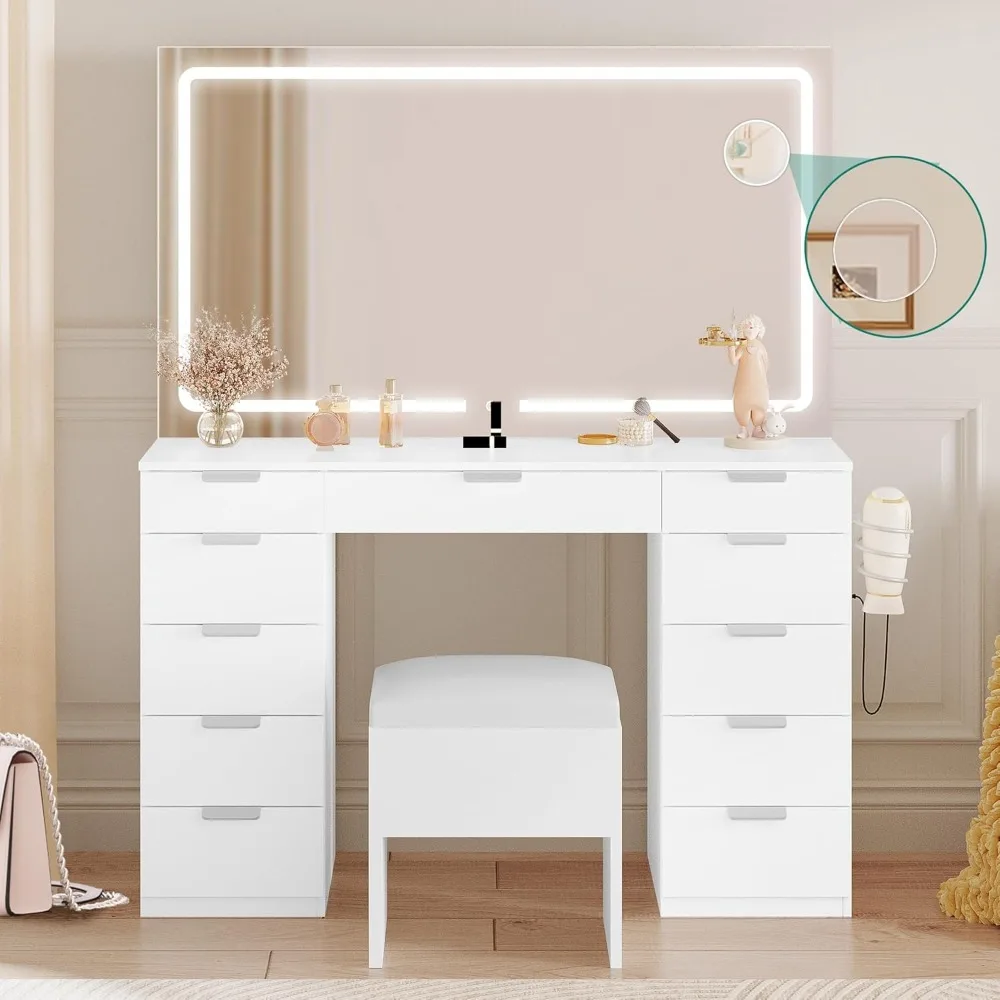 Vanity Desk with LED Illuminated Mirror, Makeup Set with 11 Drawers, Dressing Table with 3 Lighting Modes, Vanity Desk