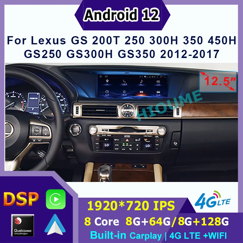 Snapdragon 128G GPS Navi Multimedia Player CarPlay Autoradio For Lexus GS 200 250 300 350 450 2012 -2017 Android 12 Touch Screen