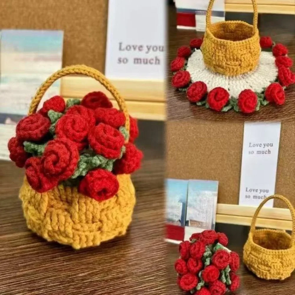 Creative Polyester Rose Bouquet Coasters Hand Knitted DIY Crochet Flower Pot Cotton Crochet Flower Cupmat Gift