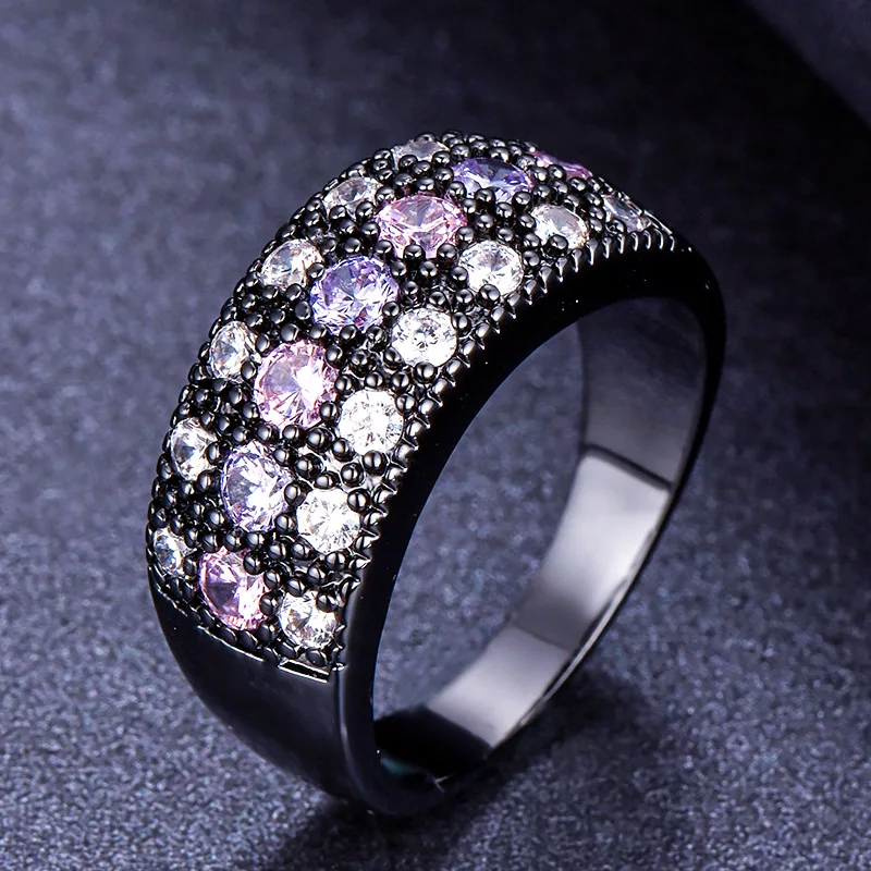 Black Gold, Pink and Purple Interval Set with Zircon Ring, High-end Personality, Elegant and Luxurious Micro Inlaid Jewelry
