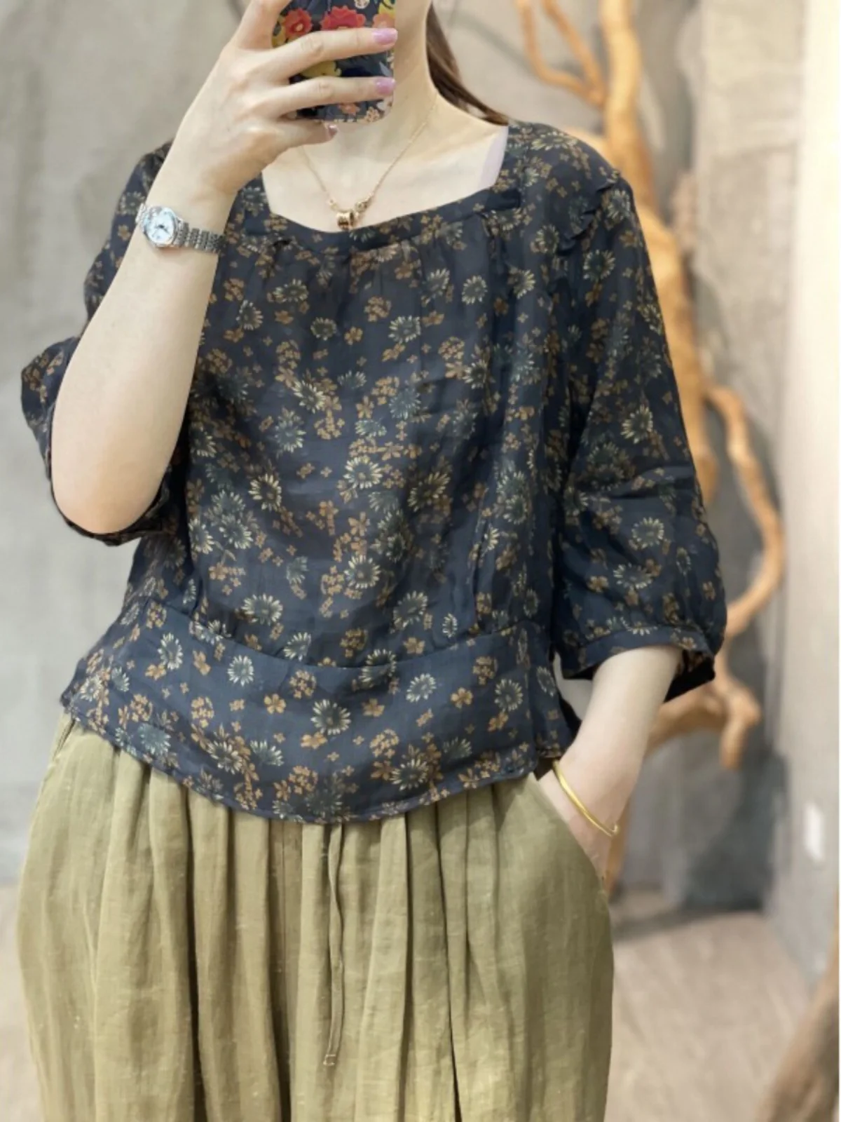 

Retro Floral Print Loose Fit Lightweight Cotton Linen ort Sve irt Women's Vintage Sle Button up Square Collar Top