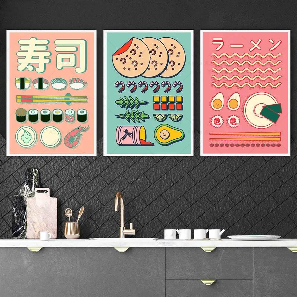 Póster de comida japonesa Maneki-Neko, impresiones divertidas de Sushi Ramen, pintura en lienzo de aguacate feliz, imágenes Kawaii, decoración de pared del hogar y cocina