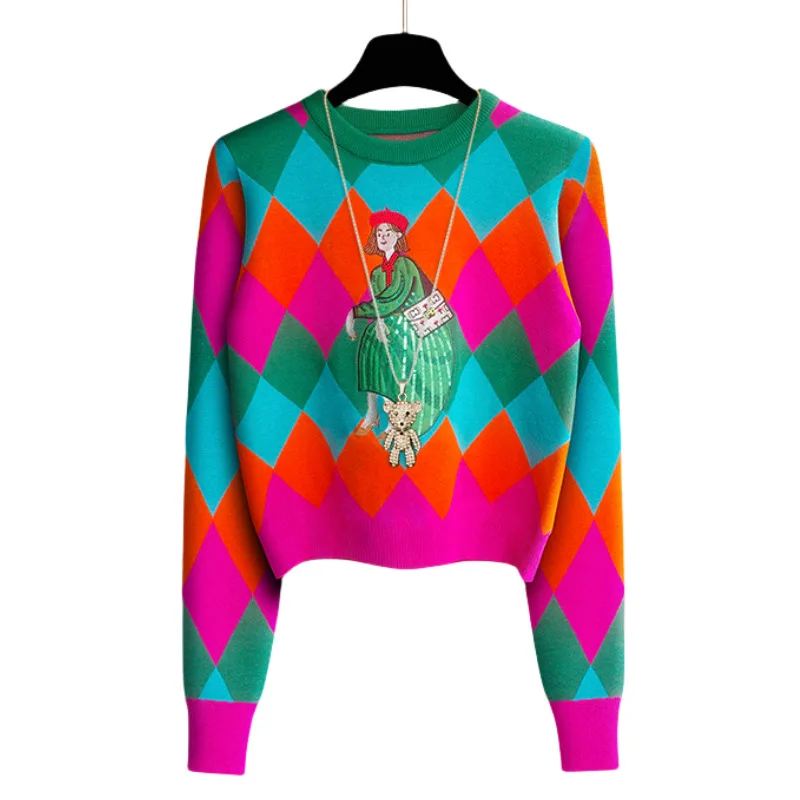 

Autumn Vintage Patchwork Geometric Pattern Knitted Sweater Women Fashion Pull Femme Short Sleeve Pullover Tops Knitwear Jumpers