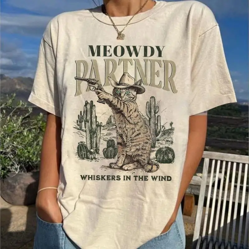 

Meowdy Partner Cowboy Cat Vintage Cute Western Kitten Natural T Shirt