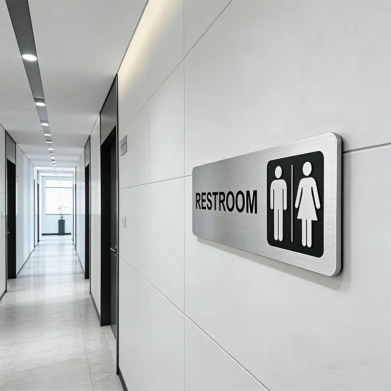 1Pcs Brushed Metal Restroom Sign Self Adhesive Toilet Door Plate Durable Bathroom Indicator Label for Home Office Public Washroo