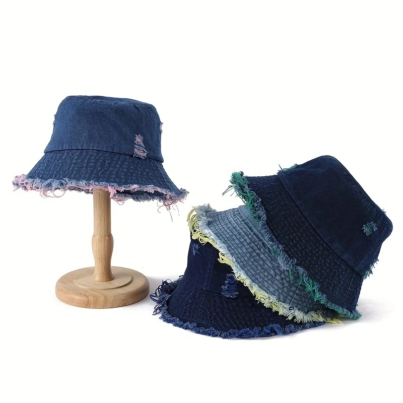 

Personality torn design Washed denim fur rim basin hat foldable face display small fisherman hat fashion do old hat trend