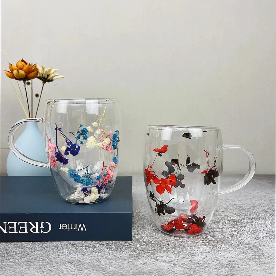 

350ml Creative Double Wall Glass Cup Clear Coffee Mug Artificial Flower Filler Glass Cups Gifts