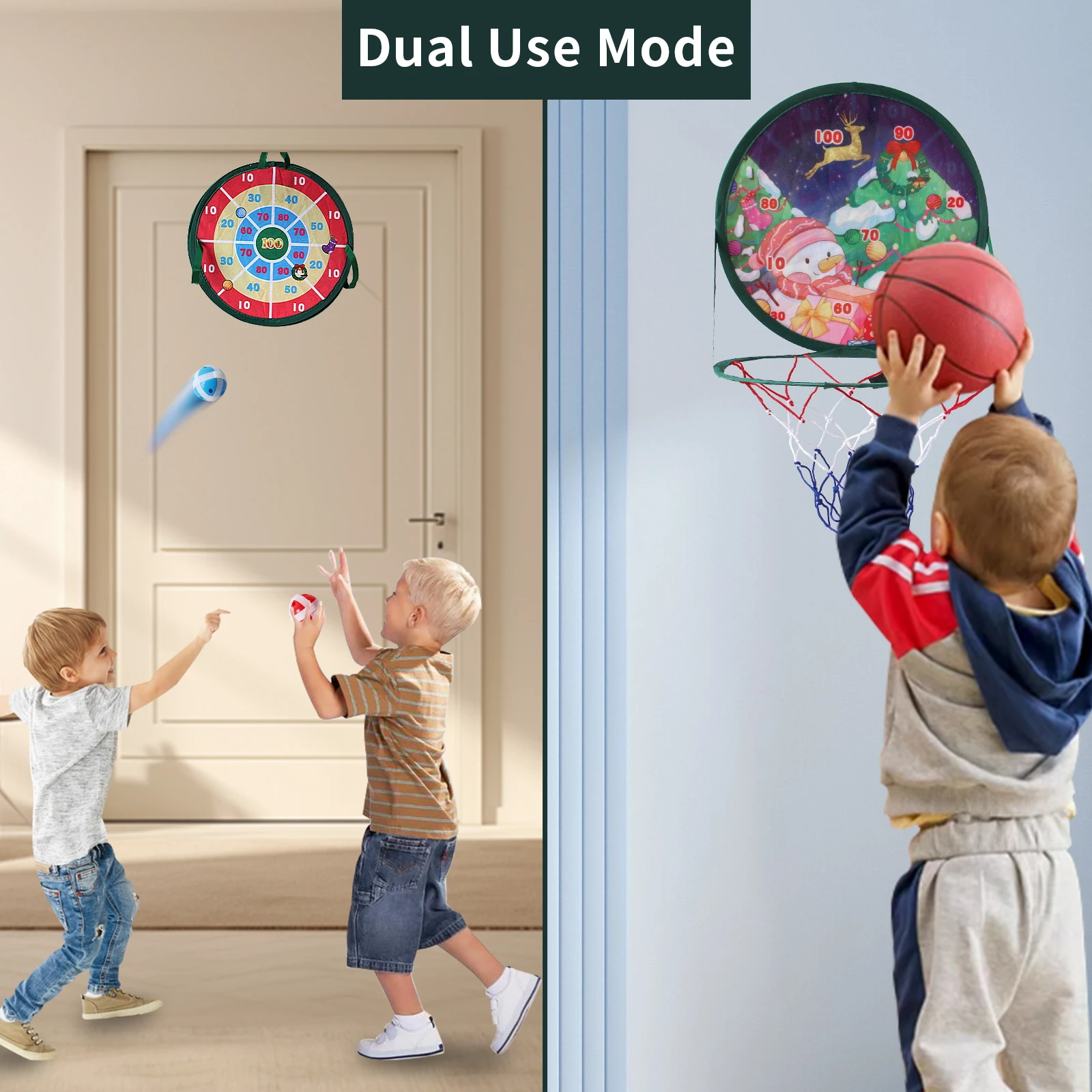 Weihnachts-2-in-1-Basketballkorb und Dartscheibe, Basketballkorb für Kinder, Mini-Basketballkorb für Slam Dunk-Spiele im Alter von 3–12 Jahren