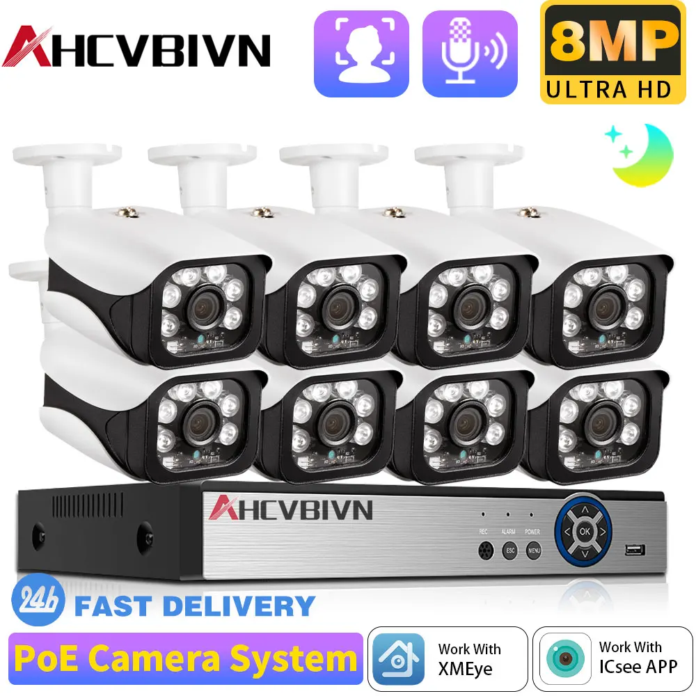 

XMeye 4K 8pcs POE CCTV IP Camera System 8CH POE NVR Outdoor Waterproof Day& Night Security protection Camera Video Surveillance